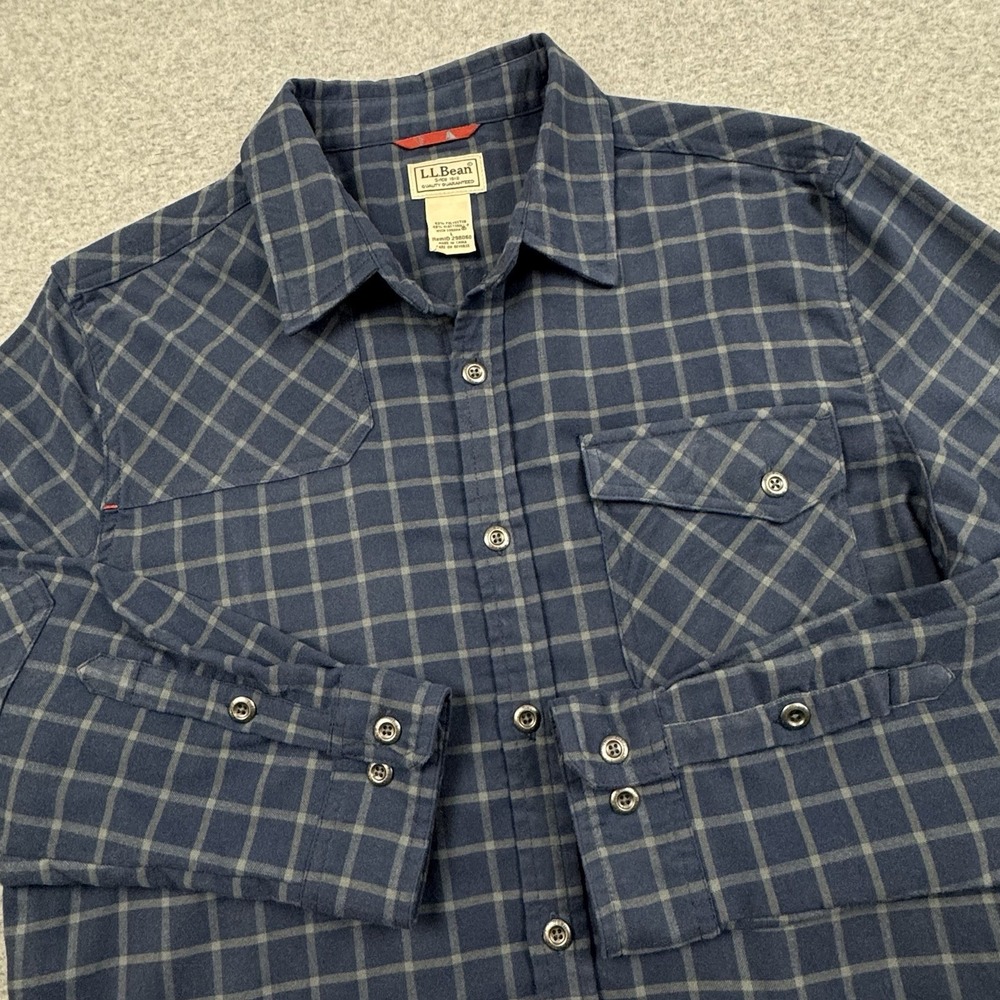 LL Bean Performance Flannel Mens‎ Large Blue Check Plaid Elbow Patches Outdoor